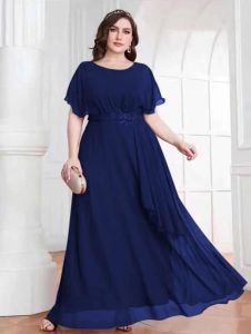 D#961 D#961 Plus Size Chiffon Formal Evening Dress Ruffle Short Sleeve Beaded Waist Maxi Dress