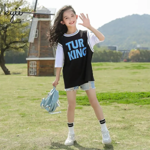 KYII Girls Summer Mid-length Short-sleeved letter Prnt T-shirt 2022New Korean Version  Children Girls Dress ky011