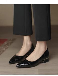 Free Shipping Patent Leather WomenS Shoes Chunky Heel New Spring/Autumn Style Pointed Toe Shallow Mouth Fashionable Professional Flat Work Shoes