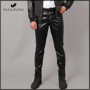 FUGUINIAO กางเกงหนังผู้ชายกางเกงหนัง PU แฟชั่นผ้ายืดเข้ารูปคุณภาพสูงสไตล์พังก์กันลมกันน้ำ