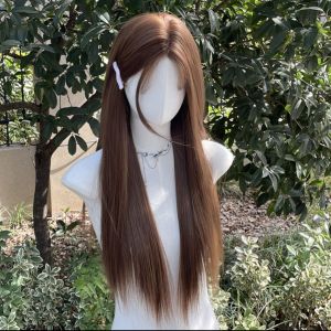 Wig Womens Warm Brown Lace Split Long Straight Hair Daily Simulation Hair Natural Full Head Cover Style Fashionable