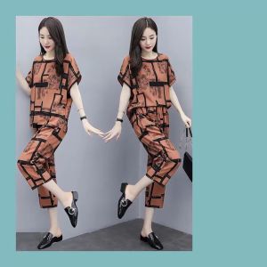 elegantstunning 2pcs/set Women Casual Suit short-sleeved Top Long Pants Summer Fashion Wear Ladies Clothing