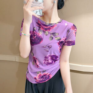 Yimei lưới ngắn tay in T-Shirt cho phụ nữ mùa hè và mùa phong cách Châu Âu phong cách áo cổ tròn với một ôm vừa và đàn hồi phù hợp 2025 phong cách mới