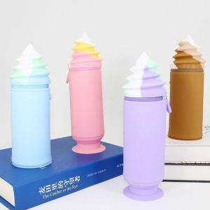 MMLUCK Practical Suction Cup Pen Holder Cute Silicone Stationery Organizer Case Kawaii Cartoon Ice Cream Pencil Bag For Students