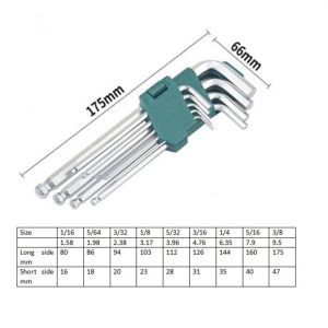 9Pcs/Set Imperial Hex Wrench Inch 1/16 5/64 3/32 1/8 5/32 3/16 1/4 5/16 3/8 Allen Wrench