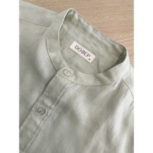 DODEP Áo sơmi nam cổ trụ 100% linen premium tay dài màu cafe bạc hà