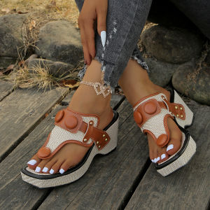 [Free Shipping] 2 Large-Size Sandals With A Wedge Heel New Summer Styles Chunky Heel Metal Buckle Beach Sandals
