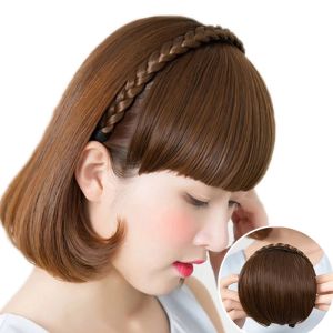 วิกผมเปียสังเคราะห์ ที่คาดผมหน้าม้า วิกผมสั้นตรงปลอม ทนความร้อนผมม้า เครื่องประดับสำหรับผู้หญิง