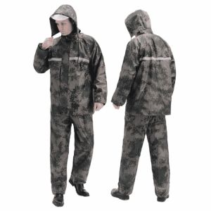 เสื้อ – กางเกง กันฝน ลายพราง คาดแถบสะท้อนแสง 1 แถบรอบตัว มีหมวก