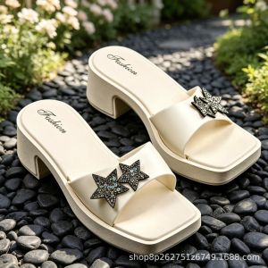 Free Shipping New Diamond-Studded Star-Shaped Wedge Sandals For Women Perfect For Summer Wear Featuring A Thick Sole A One-Strap Design And A Fashionable Non-Slip High-Heeled Style
