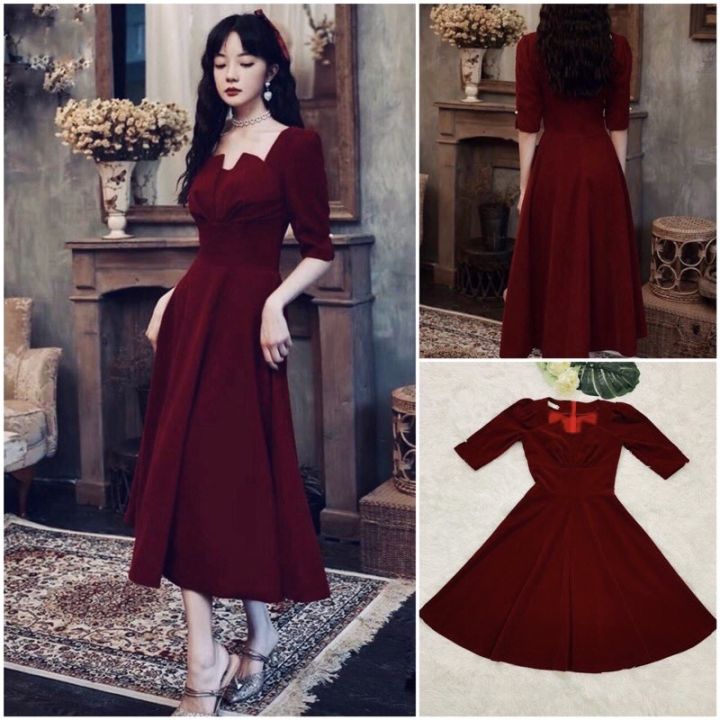 Váy xòe nhung đỏ nhún tay - 3571