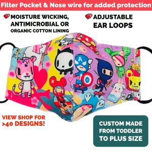 Tokidoki Super Hero Antimicrobial Reusable Face Mask Adjustable Washable Filter Pocket Nose Wire Kid Toddler Teenager Adult Plus Size Moisture Wicking polyester Organic Lining Cute Cartoon 3D Cotton Breathable Boy Girl Pretty Casual Capt America Toki Doki
