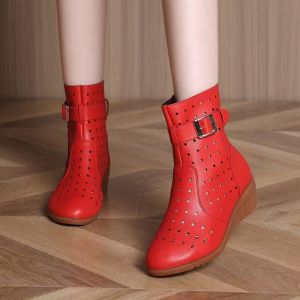 ZEEMIN Womens Leather Hollow Out High Top Wedges Boot Soft Sole Spring Summer New Round Toe Big Size Breathable zipper Cool Boots