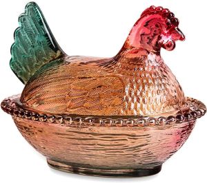 Vintage Glass Hen on Nest Dish with Lid - Large Pedestal Rooster Glass Candy Bowl Colorful Crystal Candy Jar for Snacks Dessert Cookies  Home Kitchen Office Tabletop Decor