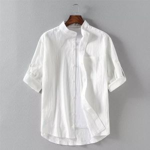 [Popular ]TW Cross-border mens linen short-sleeve shirt mens three-quarter sleeve cotton-linen stand-up collar shirt