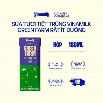 Thùng 48 Hộp Sữa Tươi Tiệt Trùng Vinamilk Green Farm Rất ít đường - Lốc 4 Hộp 180ml