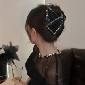 C.three Black Rhinestone Bow Hair Claw Clip French Style Hair Clip Temperament Shark Clip