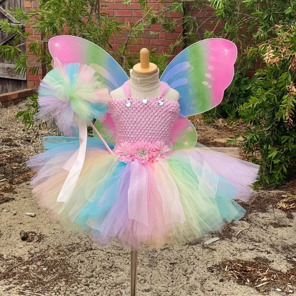Girls Pastel Butterfly Fairy Dress Kids Flower Tutus with Wing Stick Set  Children Birthday Halloween Christmas Wedding Party Costumes Cloth
