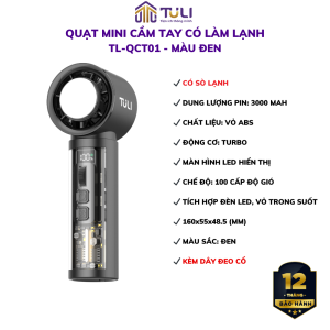 Quạt mini có sò lạnh TULI TL-QCT01 100 Cấp độ Pin 3000mAh Màn hình LED hiển thịBảo Hành 12 Tháng