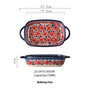 OMK Polish Series Hand-painted Ceramic Rectangular Baking Pan Round Baking Pan with Two Ears Baking Trays & Pans