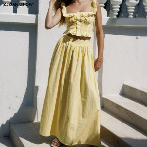 Women Wood Ears Ruffles Square Collar Pleated Slim Tank Top + High Waist Ruched Swing A-lined Long Skirt 2 Pieces 1 Sets2026
