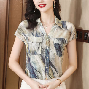 Ammin Áo voan đơn hàng cúc tay ngắn in họa tiết tay đơn giản Mới Mùa Hè cổ điển 2024 ve áo thời trang bỏ túi phong cách Hàn Quốc in mực trang trí kèm một áo blouse thanh lịch