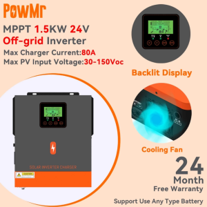 Hybrid Solar inverter PowMr 1.5KW 24V MPPT Solar Hybrid Inverter 230V Pure Sine Wave Built-in 80A MPPT Controller Off-Grid Inverter Auto 50/60Hz Supports All Batteries