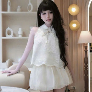 Set đồ nữ du lịch hè set tiểu thư sang đi tiệc áo chất Ren hoa cộc tay croptop cổ bẻ thắt nơ kèm chân váy bí bồng ngắn dễ thương