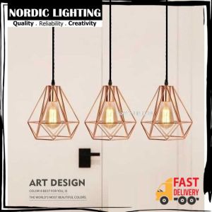 Set Of 3 With Long Base Modern Diamond Loft Pendant Light Nordic Lighting Designer Decorative Ceiling Light  Rose Gold / Black Hanging Light (MJ04-3LB)