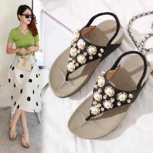 35-41รองเท้าสตรี Rhinestone ลูกปัด Trifle Sole น้ำหนักเบา Wedge ส้นแฟชั่นฤดูร้อนรองเท้ากิจวัตรประจำวันยางยืดยอดนิยมแพลทฟอร์มคลิปสไตล์