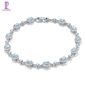 Lohaspie Jewelry 2.9 Carats Genuine Natural Aquamarine Bracelets Blue Oval Gemstone Aquamarine Bracelet For Women Solid Sterling 925 Sliver Birthday Gifts