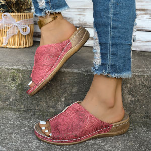 [Free Shipping] Casual Plus-Size Lightweight Wedge Sandals For Women Thick-Soled New Styles In Red Purple And Bronze