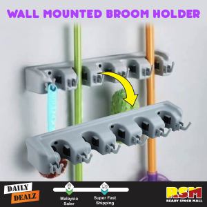 5 Slot Wall Mounted Mop Broom Holder Kitchen Organizer Storage / Slot Pemegang Penyapu