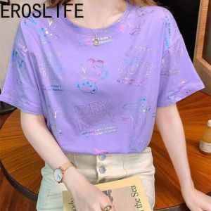 Womens 2023 New Korean Style Blended Cotton Short Sleeve T-Shirt Loose Front Shoulder T-Shirt