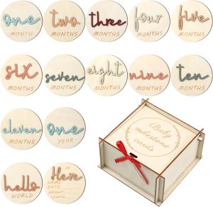 7 Pcs Morandi Color 3D Wooden Monthly Milestone Cards with Baby Monthly Milestone Card Sign Double Sided Milestone Wooden Circles Baby Growth Cards for Baby Girl Boy