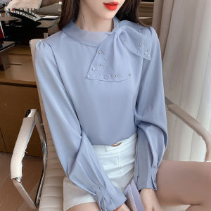 AMMIN 2021 autumn new high-end round neck with beaded silk scarf intellectual and elegant long-sleeved chiffon shirt women Korean style personalized design blouse female tops