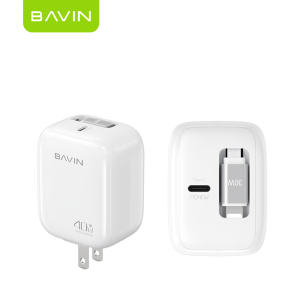 BAVIN PC2020 40W PD Fast Charging AC Adapter w/ Type-C Port & Built in 70cm Retractable iPh Cable