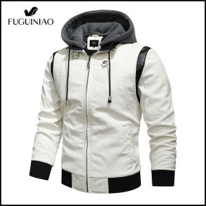 Fuguiniao Spring Mens Leather Jacket With Removable Hood Scorpion Embroidery Motorcycle Slim Jacket