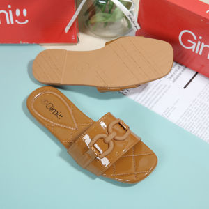 New Casual fashion design square toe glossy leather flat sandals for women