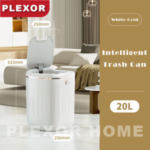 Plexor Touchless Bathroom Trash Can with Lid 20L/22L Automatic Intelligent Garbage Can Square Plastic Trash Bin Waterproof Motion Sensor Wastebasket for Living Room Bedroom Office Kitchen(White/Black)