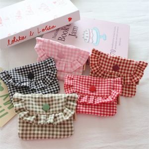 Cute Portable Checkered Purse Checkered Pattern Clutch Style Card Holder Wallet Pocket Design Headphones Storage Bag for Girls