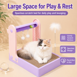 Interactive Cat Scratcher Toy 5-in-1 | Scratch Pad Grooming Brush Feather Wand & Ball Toy | Blue / Purple