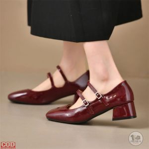 Sepatu Heels Wanita Mary Jane Strap Formal 5cm – Pilihan Warna Hitam Merah Marun dan Silver Elegan