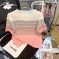 Ice Silk Top Women's Fashion Color Blocked Thin Knit Sweater for Commuting. 
