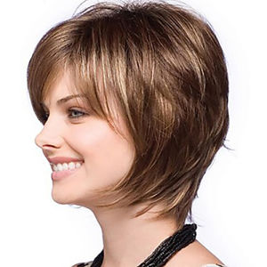 HAIRJOY Women Straight Bangs Style Pixie Cut 14inch Synthetic Hair Wig Brown Mixed Short Natural Wigs