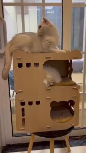 Cat House Wooden Bed Scratching Boad Recess Space Cat Condo Tahan House DIY Assembly