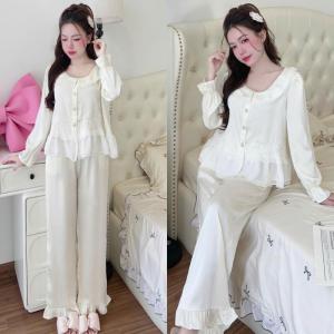 Bộ Pijama Lụa Vân Gỗ HEUN YOUNG Thiết Kế Phối Ren Tiểu Thư Tay Dài Quần Dài Mềm Mịn Cao Cấp <60kg