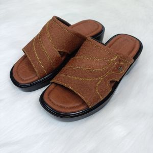 Dép nam da bò cao cấp quai ngang DC615 màu nâu màu bò đế cao 4.5 cm giành cho tuổi trung niên