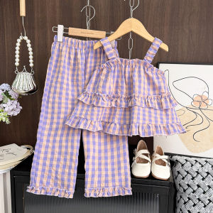 Menoea เซ็ตเสื้อผ้าเด็กผู้หญิงน่ารักอายุ3-7ขวบแฟชั่นสายเอี๊ยมแต่งระบาย + กางเกงขาบานขอบหูชุดสองชิ้นสำหรับเด็ก