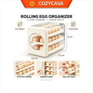 【CozyCasa】 Cream White Fridge Egg Box | Three Rolling Storage Trays